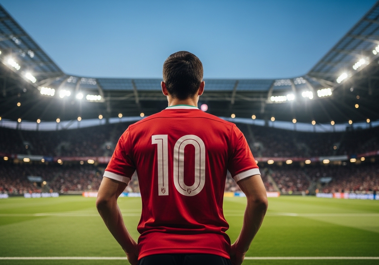 Pemain sepak bola mengenakan jersey merah
