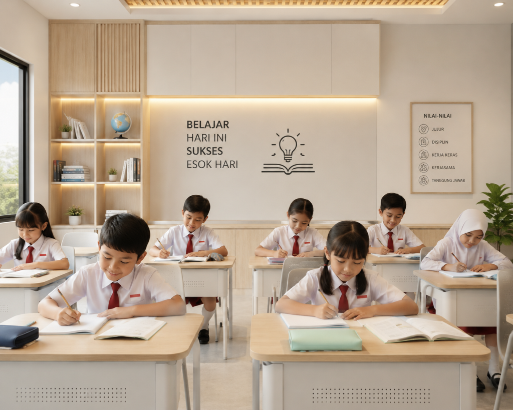Siswa belajar di kelas modern.