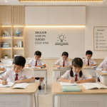 Siswa belajar di kelas modern.