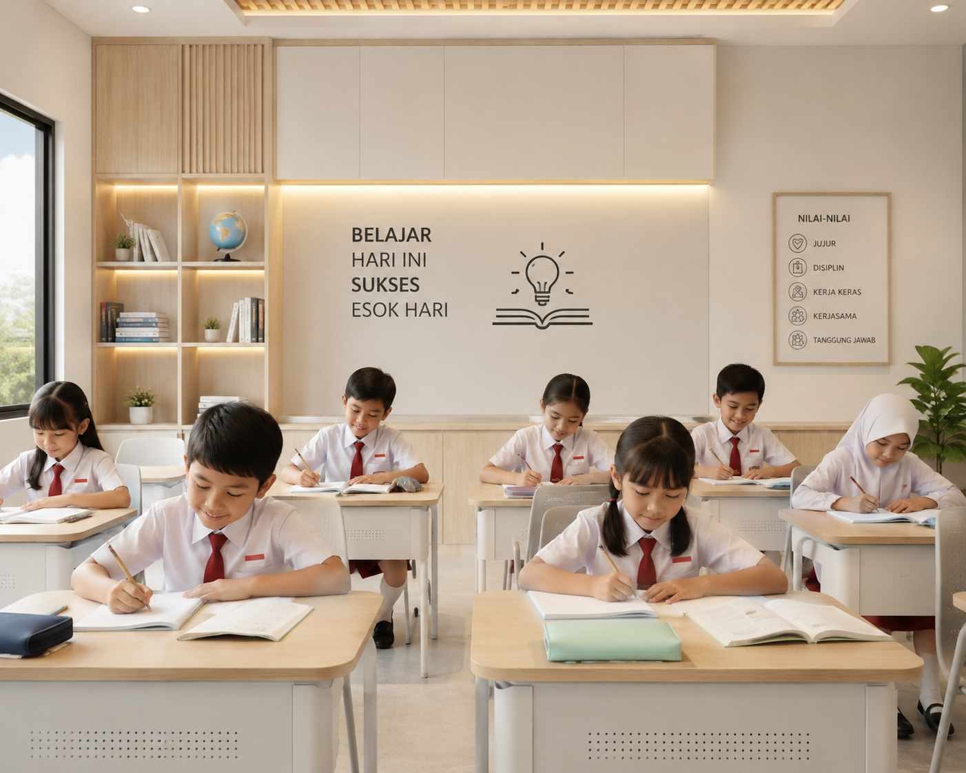 Siswa belajar di kelas modern.